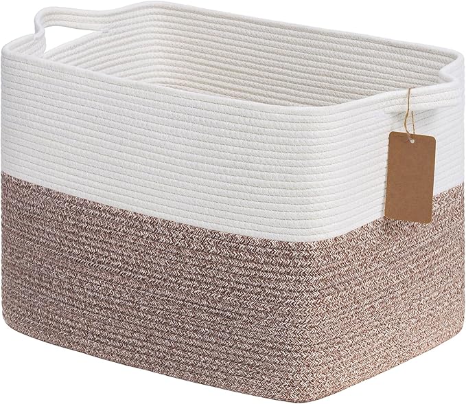 Goodpick Woven Storage Baskets for Organizing 18" x 14" x 12" Large Blanket Basket for Living Room Bedroom, Rectangle Cotton Rope Basket with Handles, Toy Baskets Storage Kids, Brown