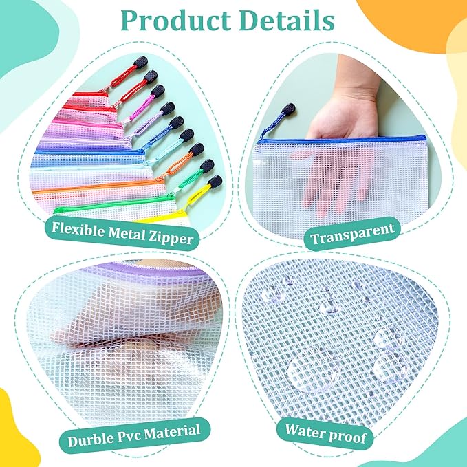 VVCOIIROEI 9pcs Mesh Zipper Pouch Bags, 9 Sizes, 9 Colors, Board Game Storage, Travel, School, Office Organize