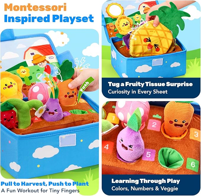 Baby Toys 6-12 Months, Montessori Sensory Garden Plush Set Vegetable Fruits, Baby Developmental Learning Toys with Rattle Squeaker Mirror Texture Tissue, Gifts for 6+ month old Boy Girl Christmas
