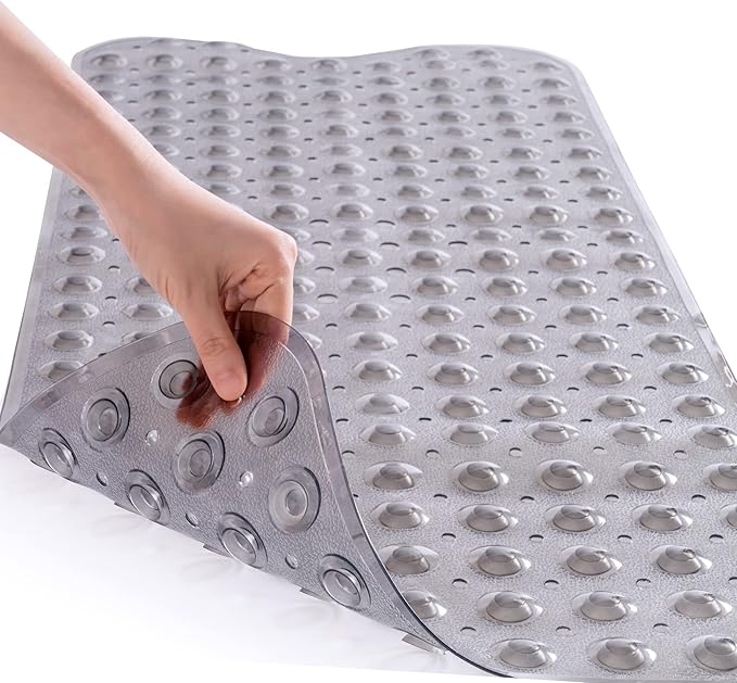 ROSMARUS Extra Long 16” x 39” Non-Slip Bathtub Mat, Shower Mat for Tub with Suction Cups and Drain Holes Bathtub Mats for Kids, Baby, Bathroom Shower Floor Mat Anti Slip Bathtub Accessories, Grey