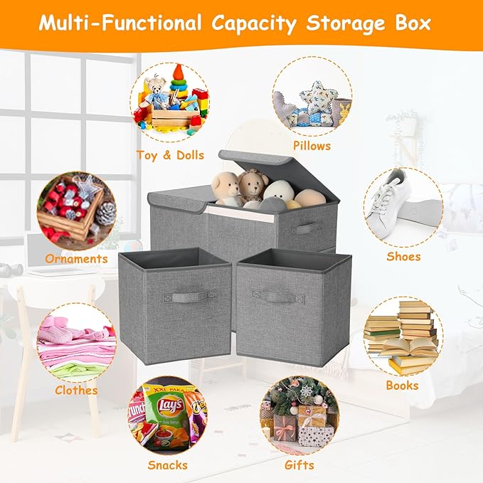 Fiwochic 3 Pack 23" Large Toy Storage Box with 11" Cubes Bins, Collapsible Toy Organizer Chest with Lids for Kids Nursery Playroom Bedroom Living Room Christmas Ornament Storage Box(Grey)