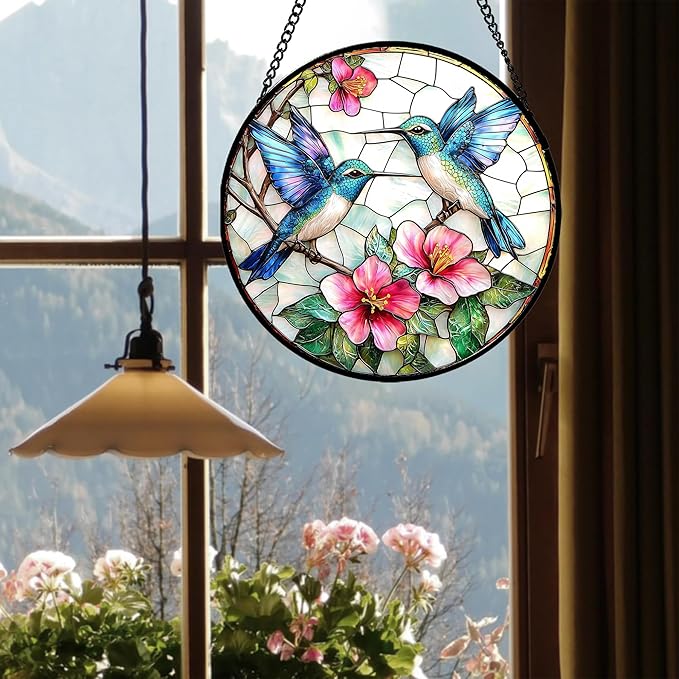 JOSUMALY Stained Glass Window Hanging - Blue White Hummingbirds Pink Flowers Suncatcher for Door Terrace Garden Home Decor Bird Sun Catcher Birthday Gifts for Lovers Women Men Dad Mom Nana 15 in