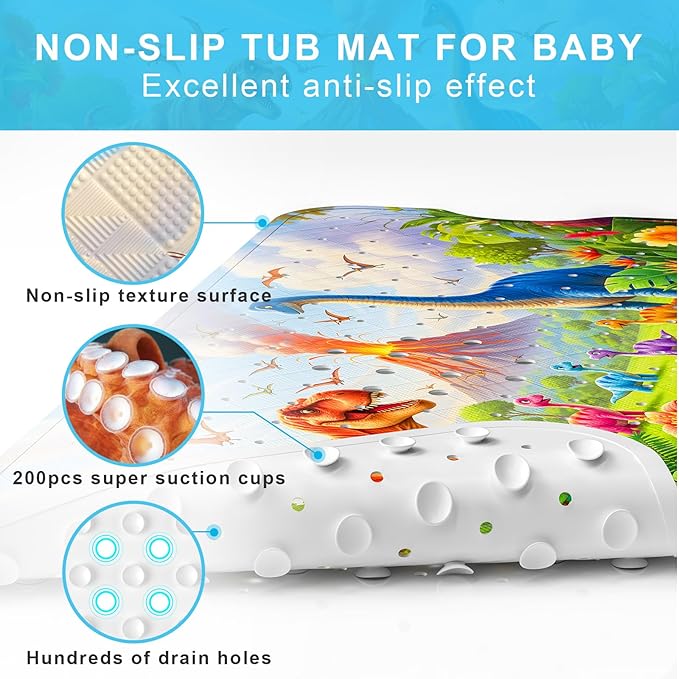 Upgrade Cartoon Baby Bath Mat Non Slip - 40"x16" Extra Long Bathtub Mat for Baby Eco Friendly Durable Bath Mat for Tub Non Slip Kids Tub Mat with Suction Cups, Machine Washable and No Fading, Dinosaur