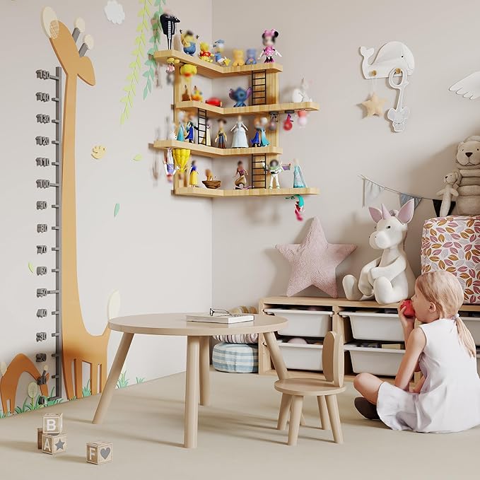 LUPWNEKA L-Shaped Tonies Shelf, 4-Tier Corner Floating Shelves for Tonies Figures (30-38 Character), Pine Wood Tonie Shelf Magnetic with MINI Ladder, Natural Display Shelves for Children Room