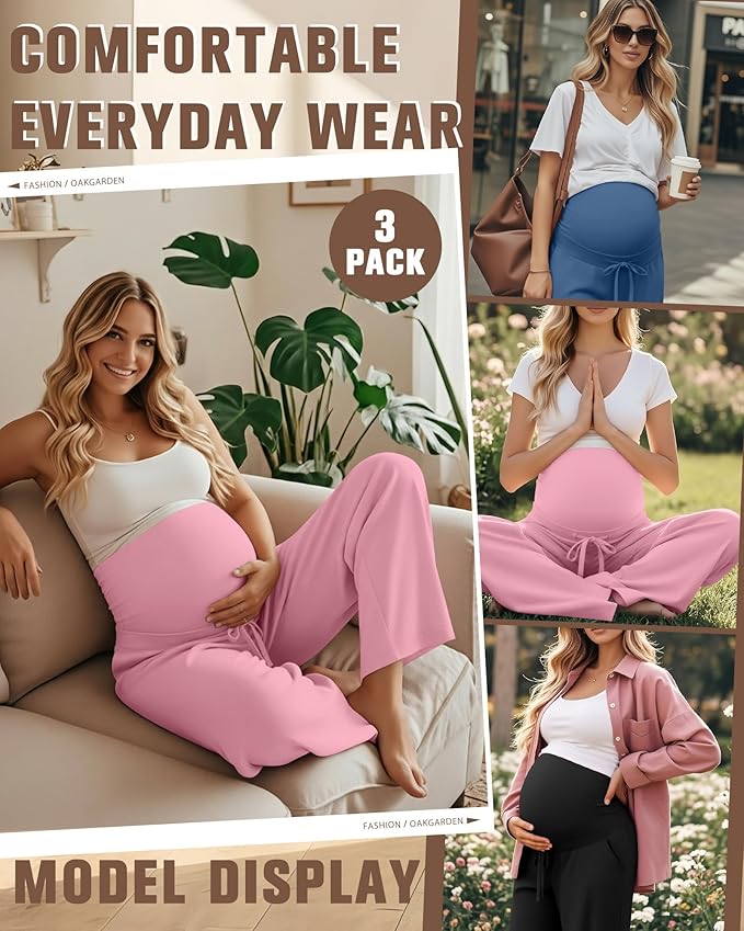 3 Pcs Maternity Sweatpants Over The Belly Pregnancy Straight Wide Leg Elastic Drawstring Pants Joggers with Pockets