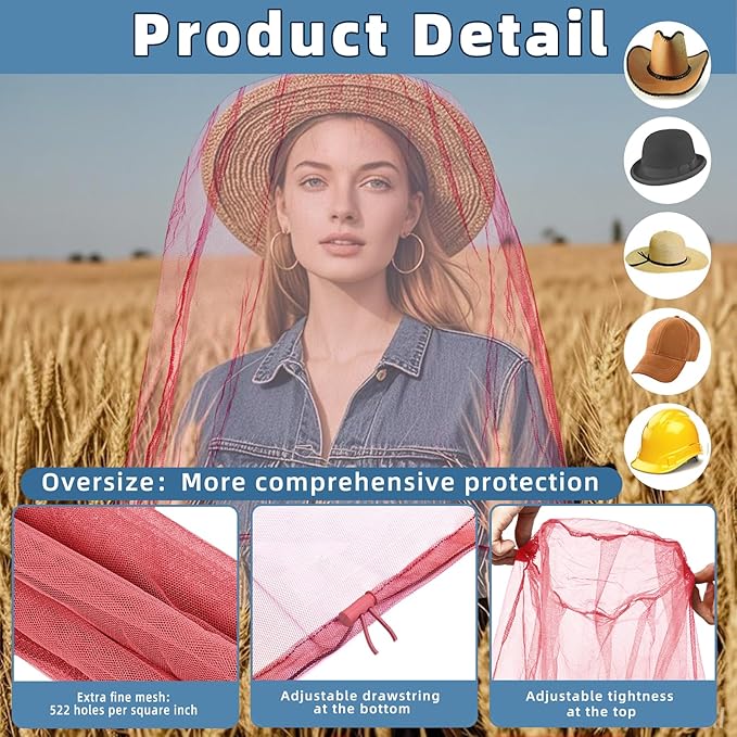 2 Pack Ultra Large Mosquito Net 42x25 Inches Mosquito Head Net Oversized Insect Netting Bug Fits Most Hats for Gardening Hiking Fishing Traveling(Pink)
