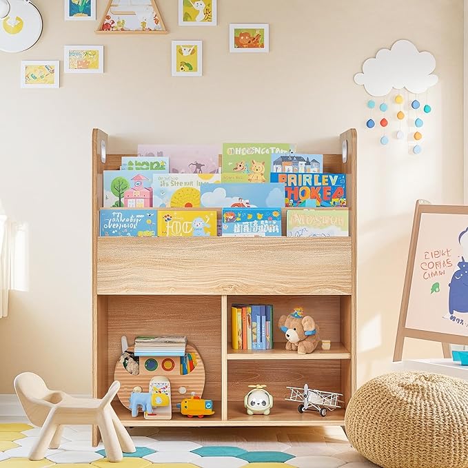 VECELO Kids Bookshelf with Toy Storage - Wooden Nursery Organizer for Books & Toys, Easy Assembly Playroom Shelf (Teak)