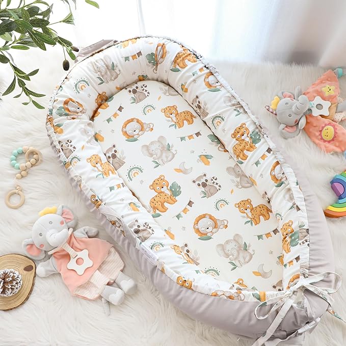 Jundetye Baby Lounger Cover for Boys Girls, Reversible Baby Nest Cover, Adjustable Baby Lounger Replaceable Cover for Infant Newborn, Portable and Machine Washable, Cotton Gray Elephant Cover Only