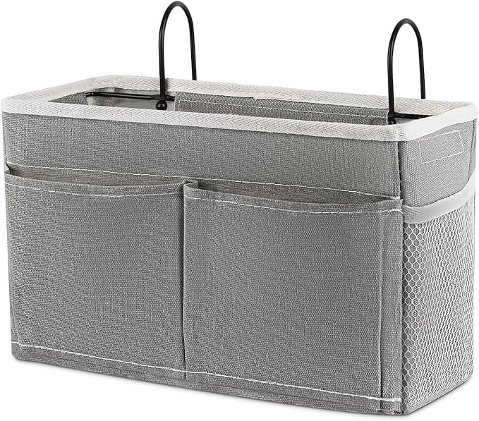 Retyion Bedside Caddy Bedside Hanging Storage Basket Bed Caddy for Headboards Bunk Dorm Rooms Crib Beds Rails Organizer (Grey)