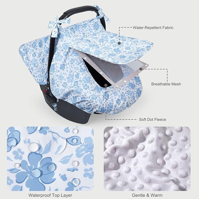 FIOBEE Baby Car Seat Cover, Car Seat Covers for Babies Infant Car Seat Canopy with Breathable Mesh Window Waterproof Carseat Cover for Babies Boy Girl 4 Seasons, Ice Blue Floral