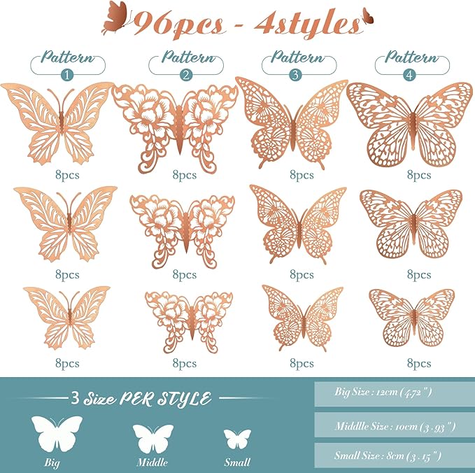 3D Gold Butterfly Wall Decor 3 Sizes 4 Styles Butterfly Party Decorations Cake Decorations Removable Stickers Wall Decor Room Mural Metallic Kids (Rose Gold, 96Pcs)