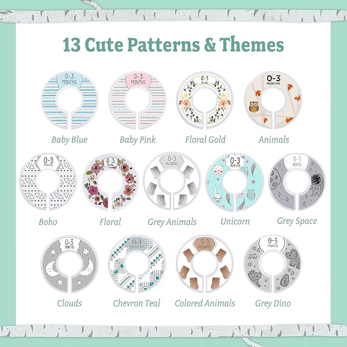 Baby Nest Designs Closet Dividers - 7x Baby Clothes Size Dividers, Newborn to 24 Months, Grey Animals Nursery Closet Organizer