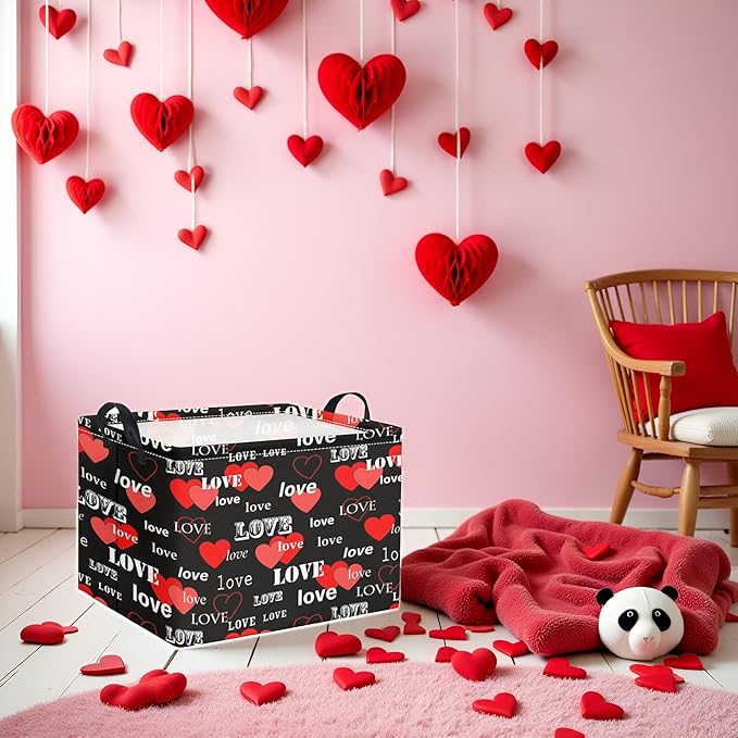 TIBAOLOVER Rectangular Valentines Basket for Home Kitchen Girls Cute Kids Storage Bin Organizer Shelf Book Room Decor(Black Red Love)