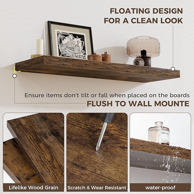 Fun Memories Deep Floating Shelves, 36" W x 12" D Wood Floating Shelves for Wall, 2 Pack Extra Deeper & Thicker Wall Mounted Storage Shelf for Living Room Laundry Room Kitchen Home Office, Brown