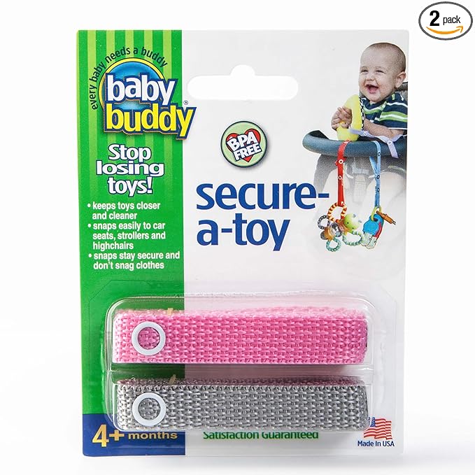 Baby Buddy Secure-A-Toy, Safety Strap Secures Toys, Teether, or Pacifiers to Strollers, Highchairs, Car Seats, Adjustable Length to Keep Toys Sanitary Clean, Registry Must Haves, Pink-Gray, 2 Count