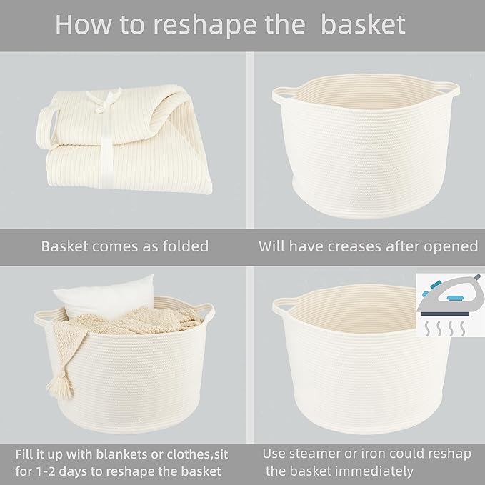 XUANGUO Large Cotton Rope Basket Blankets Basket Living Room 22"x14" Toy Basket for Kids and Dogs Rope Storage Basket for Nursery Woven Laundry Basket for Clothes Towels Baby Toy Storage round white