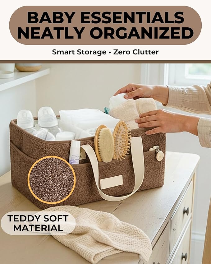 Toodly Baby Diaper Caddy Organizer with Portable Changing Mat - Teddy Fleece Diaper Organizer for Changing Table - Basket for Changing Essentials - Baby Essentials Organizer with Removable Dividers
