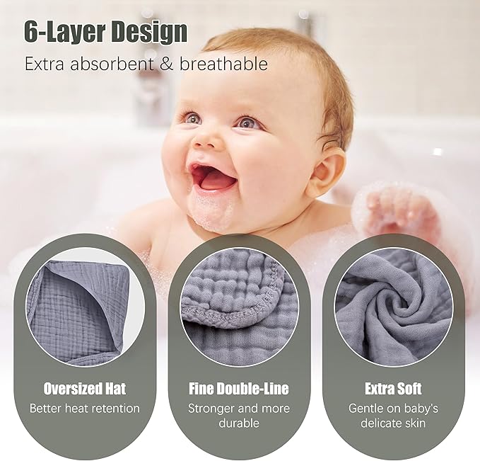 Spotted Play 2 Pack Hooded Baby Towels - 100% Muslin Cotton for Newborns, Infants, Toddlers - Large 32x32Inch Size - Highly Absorbent and Essential for Newborn Care, White and Grey