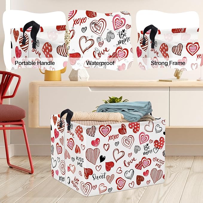 Clastyle Rectangular Line Love Baby Storage Basket Fabric Organizer Bin for Toys Books ClothesGifts Pets, Perfect for Home Office Nursery Dorm Shelf Kid Boy Girl Room(Red Pink Hearts)