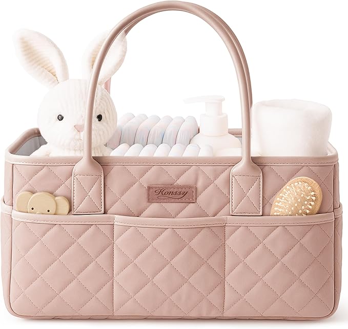 Konssy Quilted Diaper Caddy Organizer, Diaper Caddy Basket with Vegan Leather Handles, Portable Nursery Storage Basket, Water-Repellent Car Organizer, Registry Search Must Haves (Blush Pink)