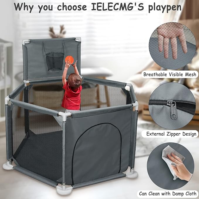 Baby Playpen, 50x50 Inch Playpen for Babies and Toddlers, Small Baby Play Yard, Indoor Outdoor Safety Activity Center Play Pen with Breathable Mesh and Basketball Hoop, Grey