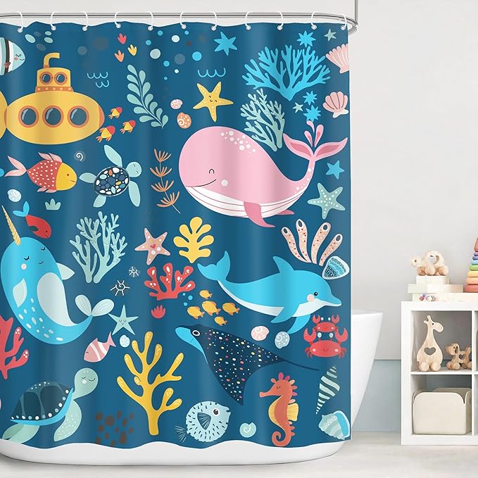 Navy Blue Kids Shower Curtain 60Wx72H Kid Ocean Summer Cartoon Whale Cute Funny Fish Sea Animal Underwater Submarine Coastal Bathroom Decor Boy Girl Bath Curtain Polyester 12 Pack Hooks