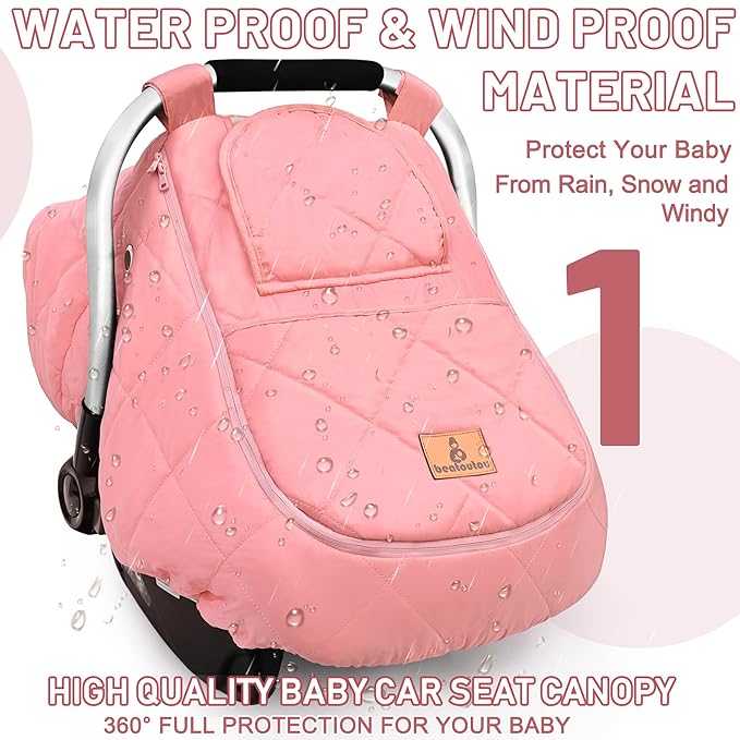 Winter Baby Car Seat Cover, Waterproof Winter Infant Carseat Canopy for Girls, Cold Weather Warm Car Seat Covers for Babies, Keeps Babies Warm and Cozy (Pink)
