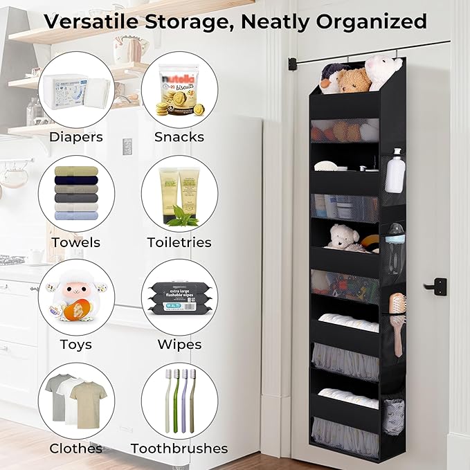 GRANNY SAYS Over The Door Organizer, 5-Shelf Waterproof Behind Door Storage with 8 Pockets and Clear Window, Anti Tilt 45bl Large Capacity Hanging Shelf for Baby Diapers, Toys Organizer, Black