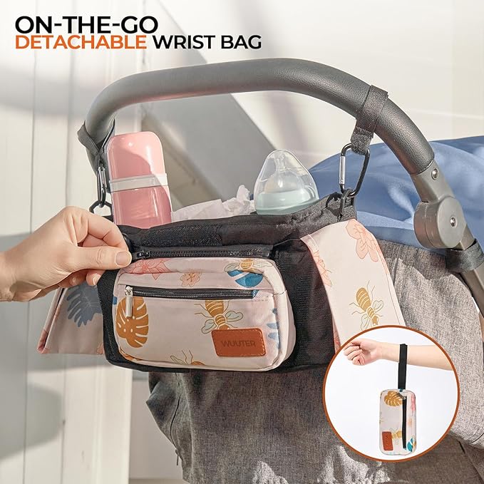 WUUTER Stroller Organizer with Cup Holder Detachable Wristlet Large Capacity Baby Stroller Bag for Mom, Fits Uppababy, Baby Jogger, Britax, BOB, More (Garden)