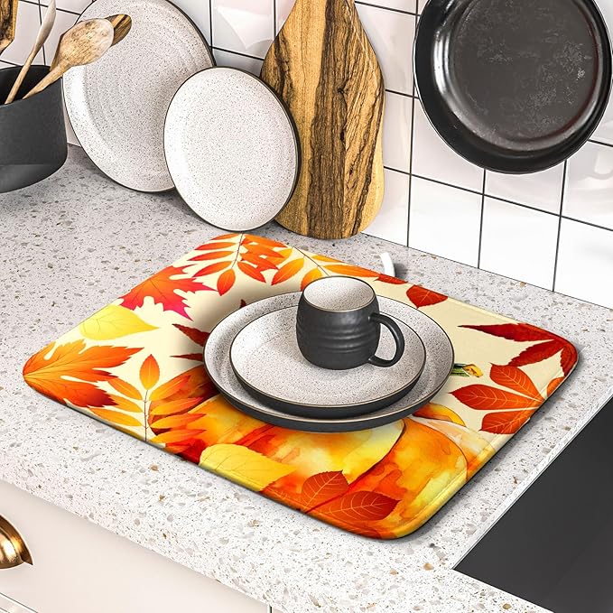 Autumn Pumpkin Maple Leaf Dish Drying Mat for Kitchen Counter,Thanksgiving Fall Holiday Drying Mat with Hanging Loop 16 x 18 Inch Microfiber Dish Drying Pad Dish Rack Drainer Mat for Coffee Bar