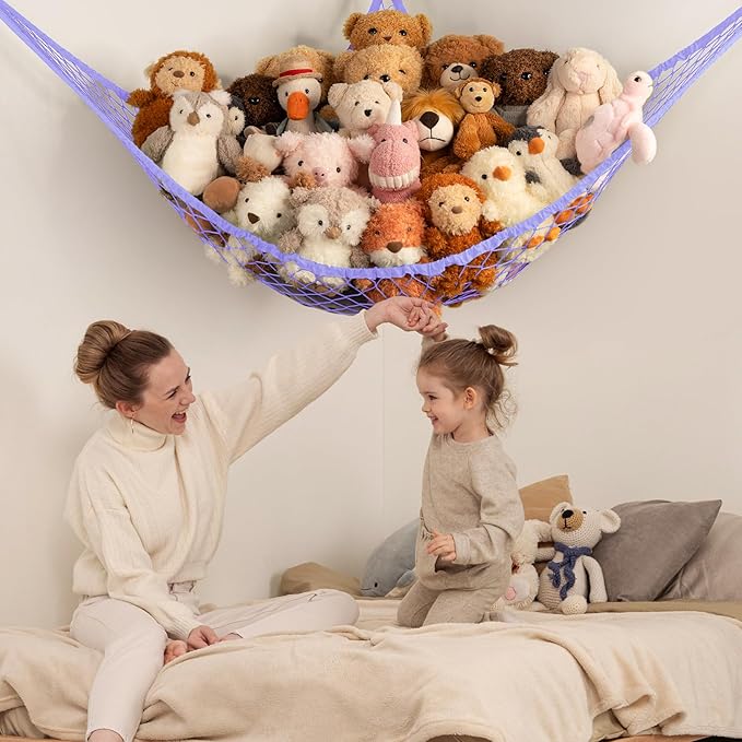 Stuffed Animal Storage Hammock Net Corner - Large Toy Hammock Net for Stuffed Animals Room Decor - Cute Stuff Animal Organizer Holder for Plush Plushie - Kids Baby Nursery Wall Bedroom Home Decor