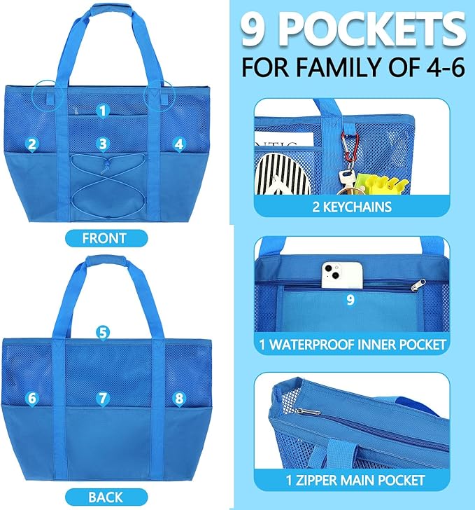 Mesh Beach Bag, Large Beach Tote with Zipper Pocket for Family Pool Bag for Toys & Vacation Essentials