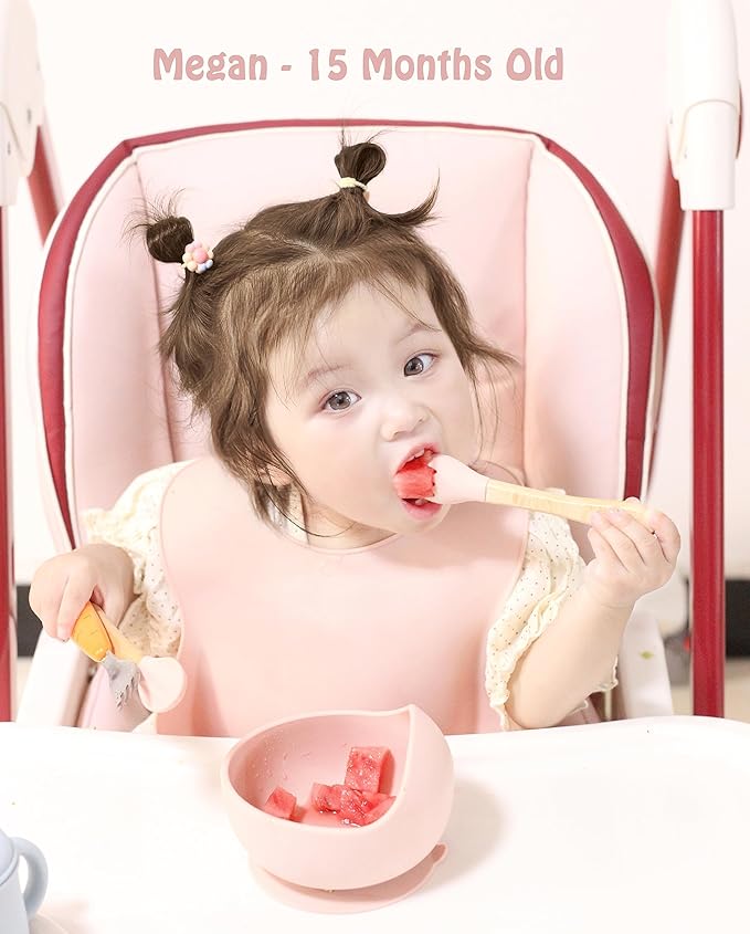 Ginbear Baby Bowls with Suction, Silicone Bibs, Self Feeding Spoons, Led Weaning Supplies, Toddler Eating Set for Ages 6 Months+ (Baby Pink)
