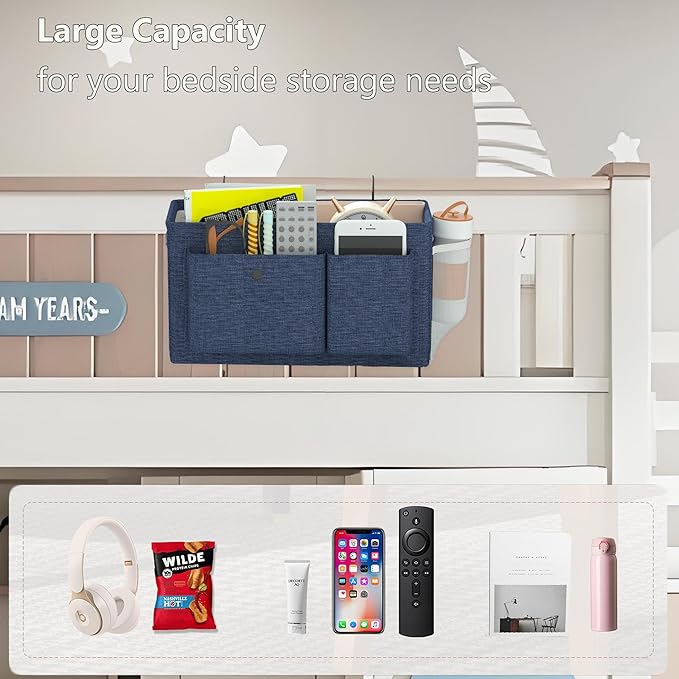 Edudif Bedside Caddy Bedside Organizer with Fixed Straps & Water Bottle Holder, Bunk Bed Caddy ideal for Home, Dorm, Hospital, Crib, Versatile Bedside Storage Solution (Navy)