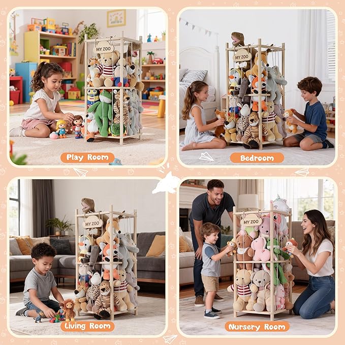 LAMU Stuffed Animal Storage Zoo, Wooden Stuffed Animals Organizer & Holder for Kids with Elastic Cords, Space Saving Plushies Toy Organizer, Easy to Setup Plush Toy Cage for Playroom Bedroom Nursery