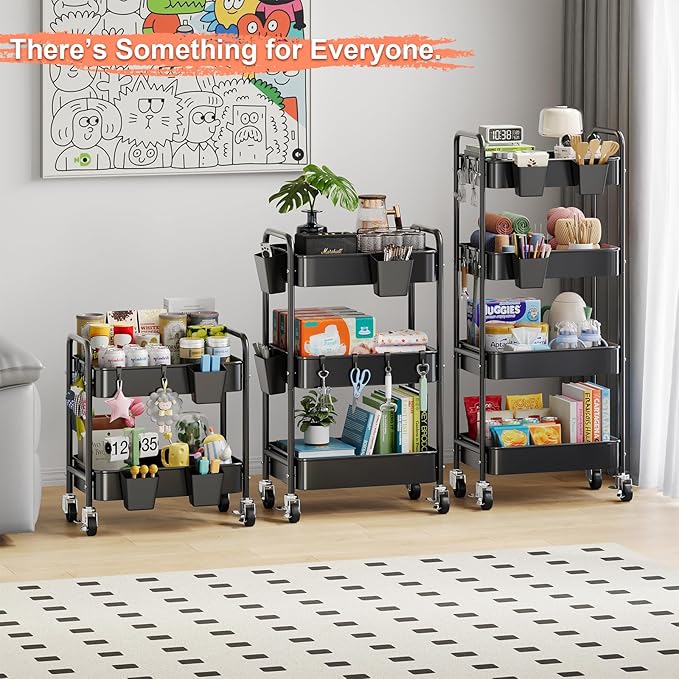 2 Tier Metal Rolling Utility Cart with Wheels Under Desk Storage Cart with Handle, Roll Around Organizer Trolley for Small Space Pantry Bathroom Home Kitchen Office Snack Baby Supplies, Black