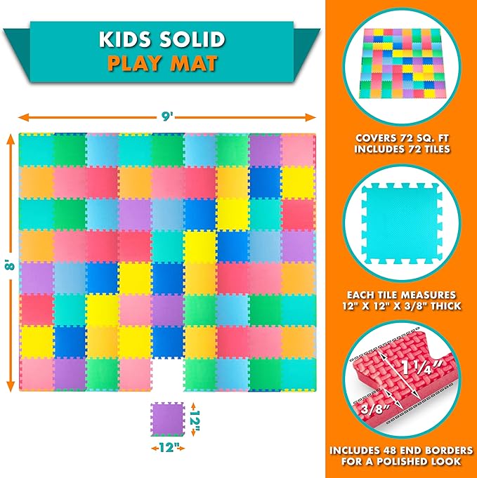 ProSource Baby Play Mat, Soft Foam Floor Tiles for Kids, Interlocking EVA Panels for Playpen Use, Crawling Development Surface, Safe Non-Toxic Toddler Flooring, 72 Tiles, Multicolor