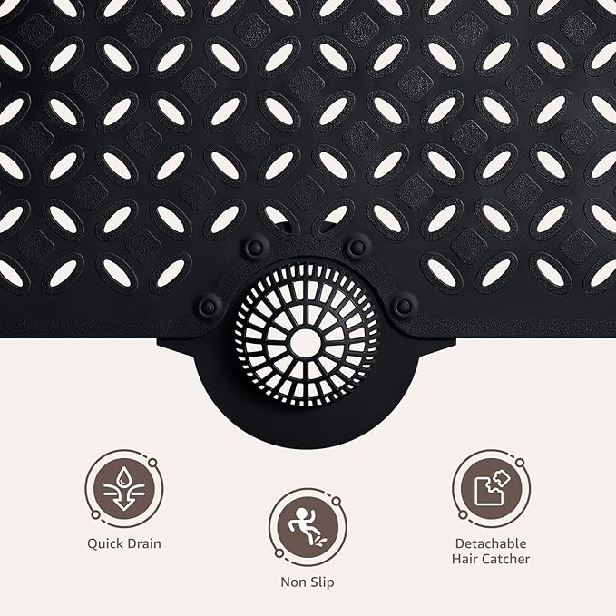 OTHWAY Bath Mat for Tub Non Slip: 39" X 17" Long Bathtub Mat with Hair Catcher│Big Drain Holes Shower Mats for Inside Shower│Machine Washable (Black)