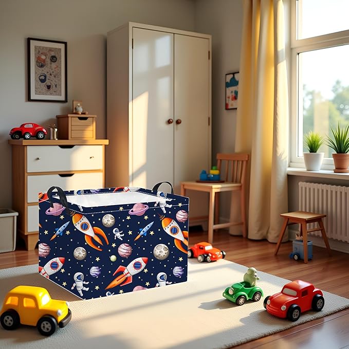 TIBAOLOVER Rectangular Baby Kids Storage Basket Boys for Home Kitchen Girls Cute Storage Bin Organizer Shelf Book Room Decor(Blue Spaceships)