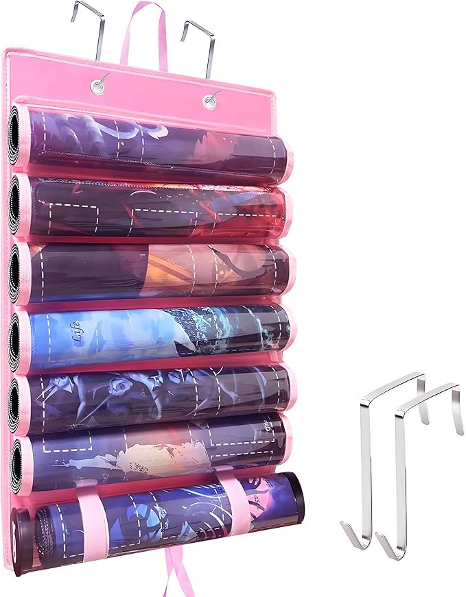 Playmat Holder, Playmat Tube Storage Bag for MTG with 2 Hooks, Fits 6+1 Game Mats & Tubes with Transparent Plastic Slots, Portable Organizer Case for TCG/RPG Mat (Pink)