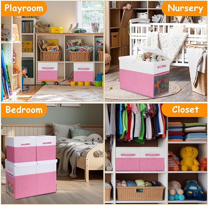 Fiwochic 3 Pack 23" Large Toy Storage Box with 11" Cubes Bins, Collapsible Toy Organizer Chest with Lids for Kids Nursery Playroom Bedroom Living Room Christmas Ornament Storage Box(Pink White)