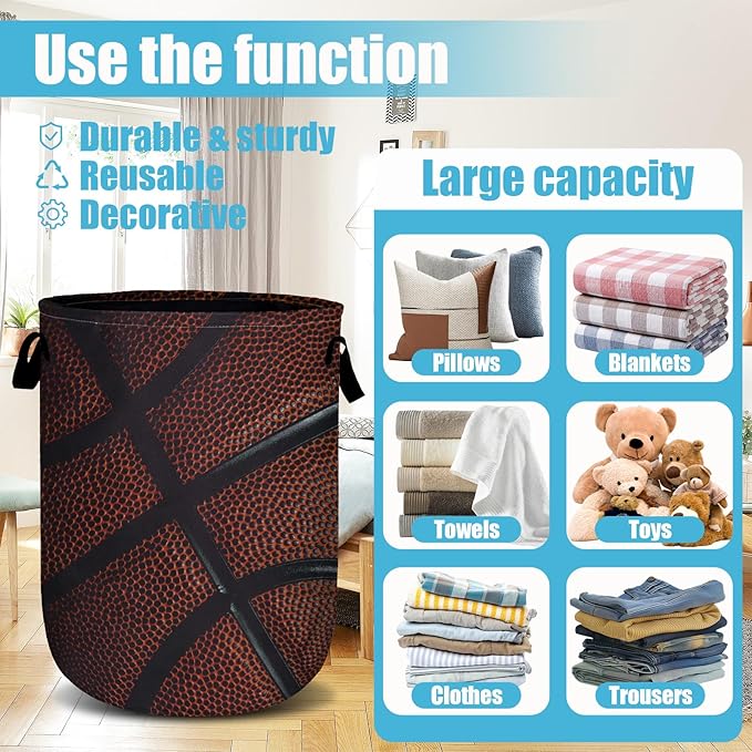 Basketball Texture Laundry Basket, Sport Ball Laundry Hamper Collapsible Oxford Cloth with Handle Clothes Toy Storage Bin for Bathroom Laundry Room Bedroom 15.7 X 20 Inch