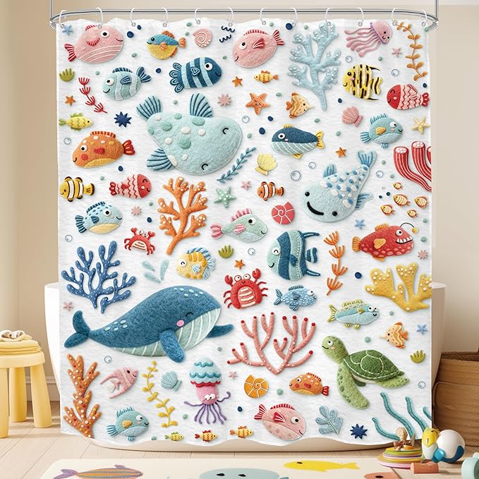Kids Ocean Printed Shower Curtain 60Wx72H Print Funny Whale Cartoon Cute Underwater Coastal Fish Sealife Animal Coral Turtle Bathroom Decor Boy Girls Bath Curtain Fabric Polyester 12 Pack Hooks