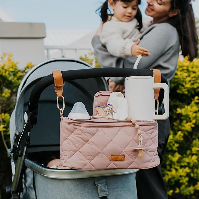 Beautiful Stroller Caddy Organizer With 2 Cup Holders – Luxury Stroller Bag, Universal Fit, Leather Straps & Zipper Pocket – Spacious Accessories Perfectly Fits Doona, Nuna & Uppababy Strollers