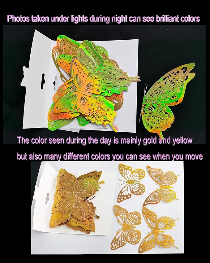 JOSDIOX 3D Laser Gold Butterfly Wall Stickers - 48 Pcs with 4 Styles & 3 Sizes, Removable Decor for Party Birthday Wedding Cake Balloon Decoration (48 Laser Gold)