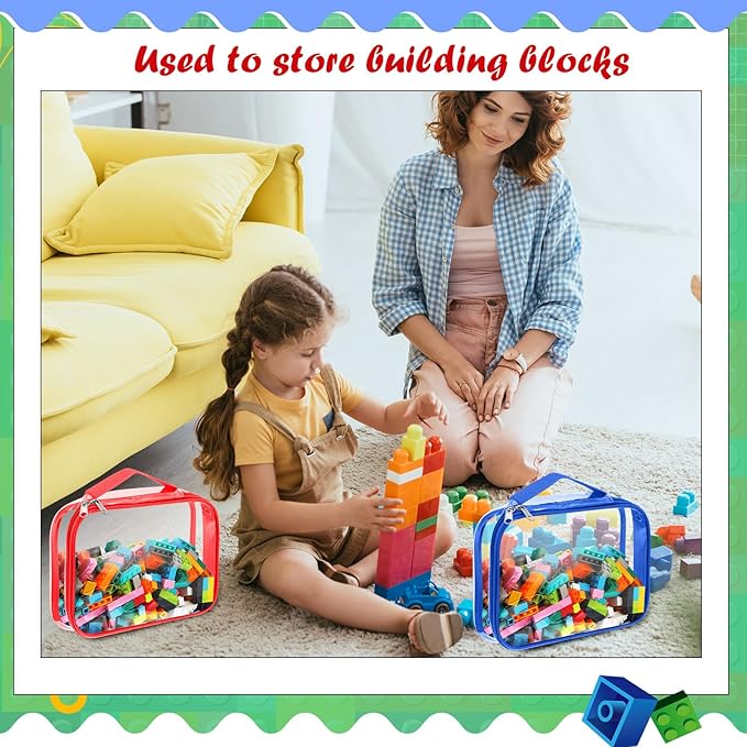 Sanwuta 3 Packs Toy Storage Bags with Zipper, Clear PVC Organizing Waterproof Toy Bags for Board Games, Building Blocks, and Kids Books(12.6 x 9 x 2.36 Inch,Red, Blue, Yellow)