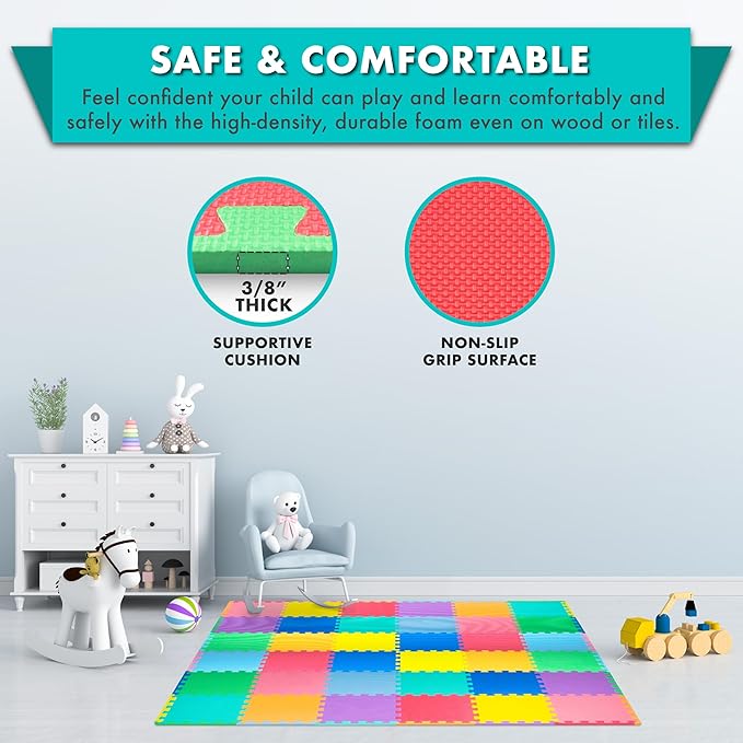 ProSource Baby Play Mat, Soft Foam Floor Tiles for Kids, Interlocking EVA Panels for Playpen Use, Crawling Development Surface, Safe Non-Toxic Toddler Flooring, 72 Tiles, Multicolor