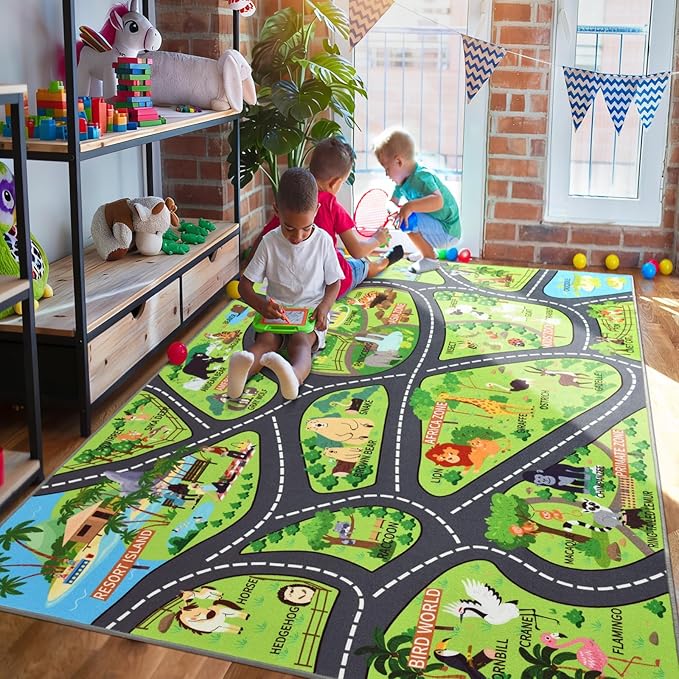 Zoo Adventure Kids Rug, Cute Animal Play Mat with Non-Slip Backing, Kids Carpet with Lions, Tigers & Giraffes for Educational and Fun Playtime, 6x9ft