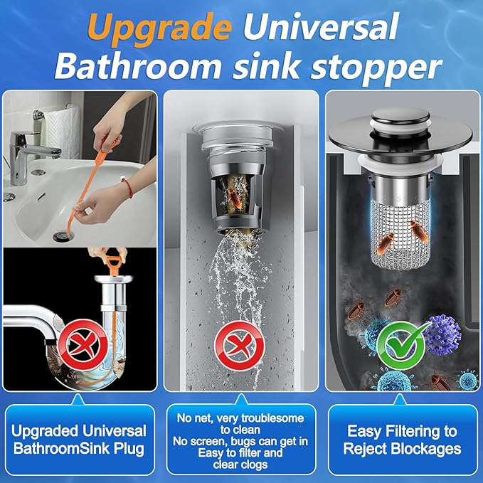 Sink Stopper Hair Catcher,(2PCS) Pop-up Sink Drain Strainer with Removable Stainless Steel Strainer Basket Hair Catcher, Bathroom Sink Strainer for Bathroom Sink Stopper Replacement