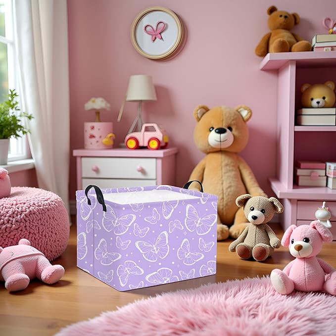 TIBAOLOVER Rectangular Kids Storage Basket Baby Storage Basket with Handles for Home Kitchen Girls Cute Toy Storage Bin Organizer Shelf Book Room Decor(Purple Butterfly)
